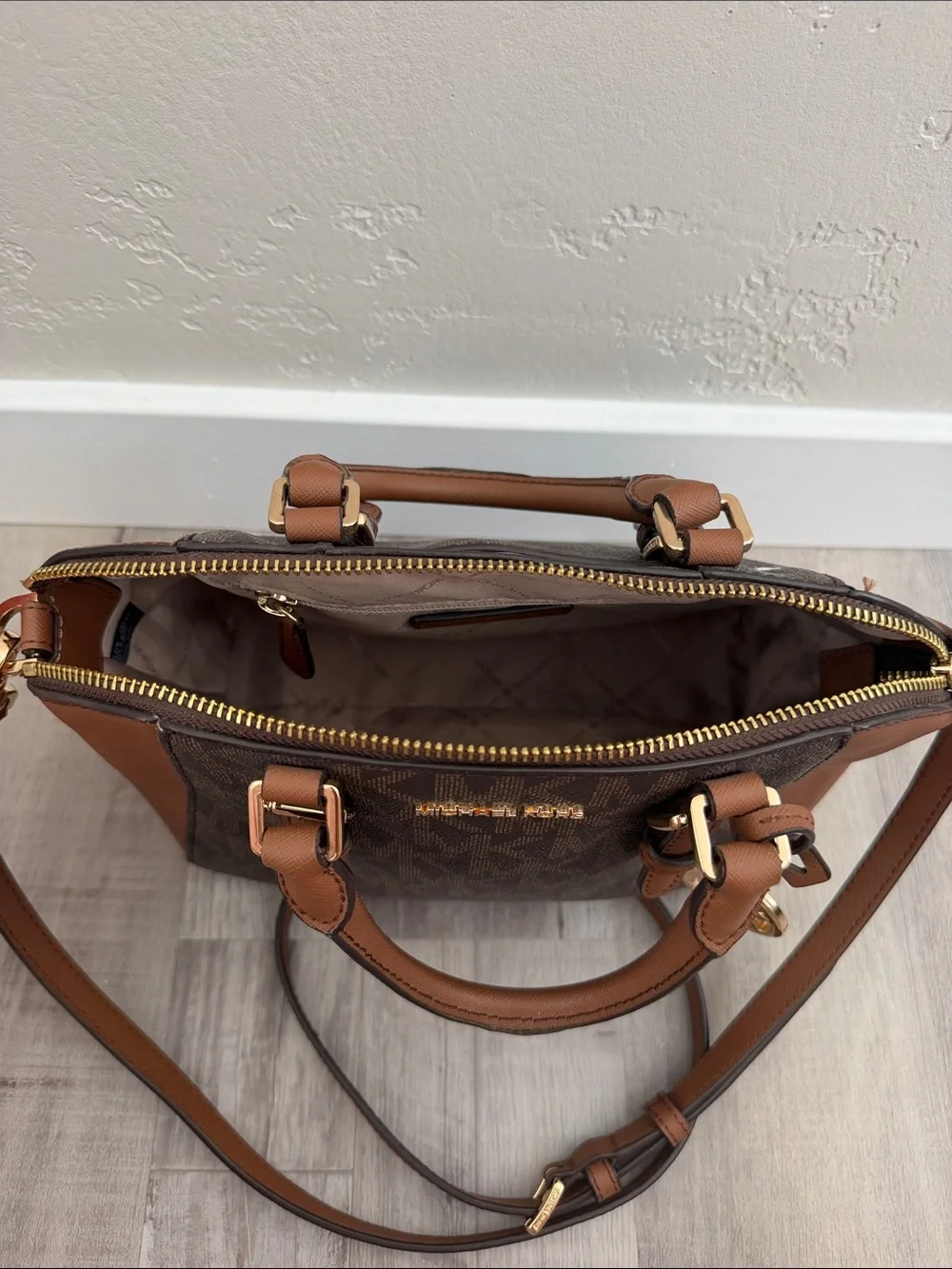 Michael Kors Brown Logo & Tan Leather Satchel